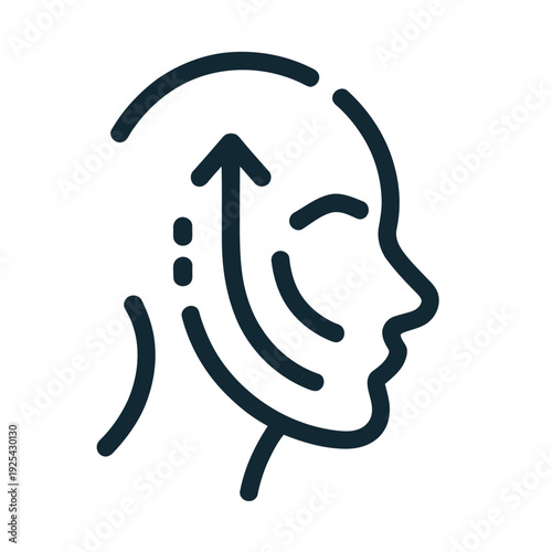A simple line drawing of a human head with an arrow