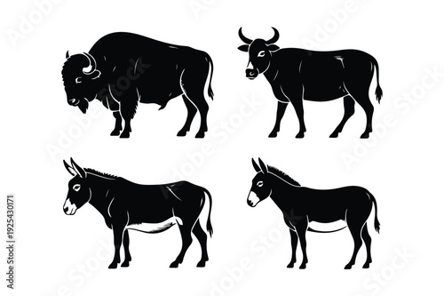 Farm and Wild Animals Silhouettes Set Bison Cow Donkeys