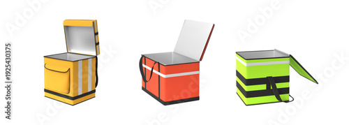 Food delivery courier opened handle bag vector set, realistic 3D red takeaway thermal box container for dishes to order
