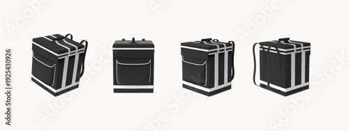 3D black courier delivery backpack view from different sides, vector takeaway thermal box for grocery product shipping
