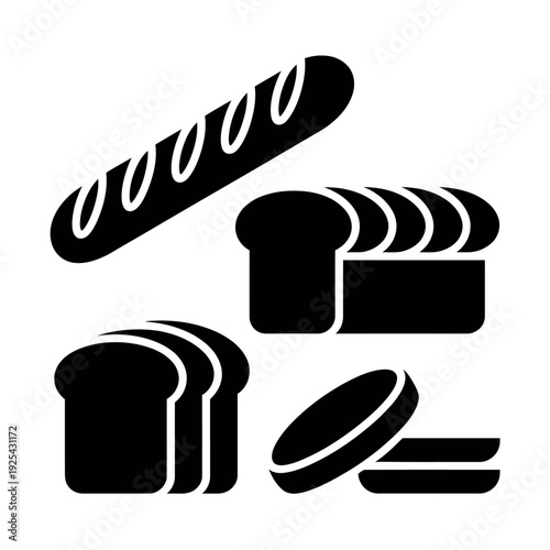 A set of black and white icons of various bread types