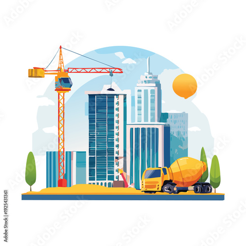 Cityscape construction scene with crane and mixer truck