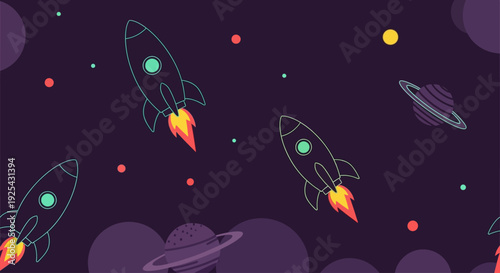 Vibrant outer space exploration with rockets and planets in a seamless pattern.