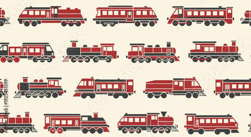 Seamless pattern of vintage cartoon trains and locomotives