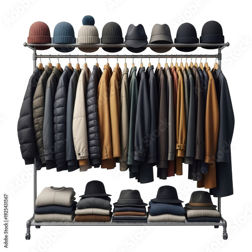Fashionable clothing rack with assorted garments and accessories isolated on transparent background