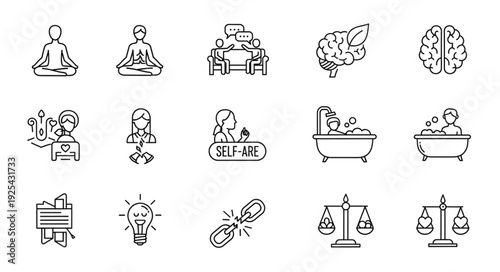 Collection of Hand Drawn Icons Representing Mental Health and Well-being Concepts.
