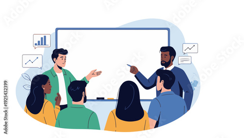 Business Professionals Discussing Strategy on Whiteboard.