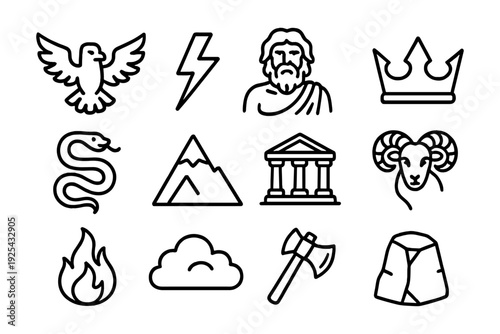 Minimalist icon set featuring mythological and natural symbols