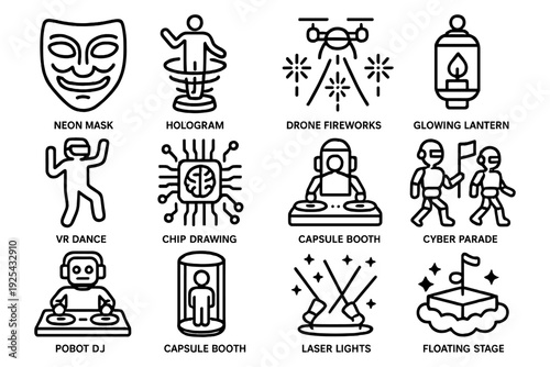 Futuristic technology line icons: neon mask, hologram, drone, vr, glowing lantern, cyber parade