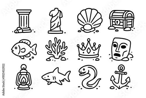 Nautical icons: ancient artifacts and marine life in linear black and white style