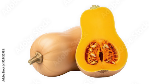 Fresh whole and halved butternut squash showing seeds and orange flesh isolated on transparent background