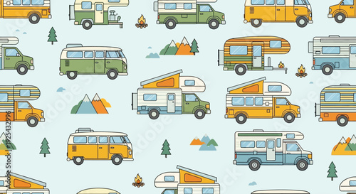 Seamless pattern with various camper vans and mountain camping elements
