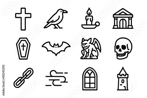 Line art gothic icons: cross, raven, candle, skull, and more for halloween designs