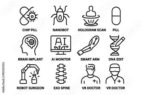 Futuristic medicine icons featuring ai, robotics, and biotechnology concepts in linear style