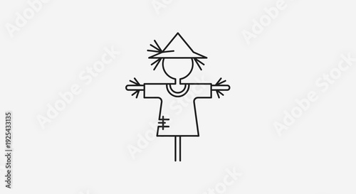 Simple line art scarecrow standing, isolated white background.