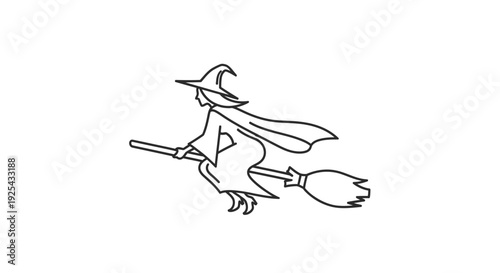 Halloween witch flying on a broomstick, isolated white background.