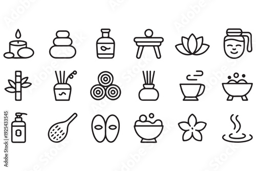 Collection of black line icons for spa, relaxation, and wellness depicting self-care treatments, beauty, and peaceful atmosphere