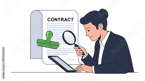 Businessman Examining Contract Document with Magnifying Glass.