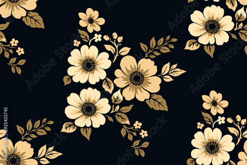 Floral seamless pattern with cream and golden flowers on dark navy background elegant vintage botanical design for fabric textile wallpaper wrapping paper and decorative surface.