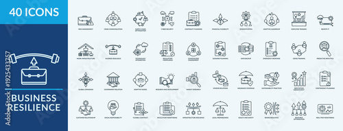 Business Resilience - Icon Collection. Thin Outline Set contains such Icons as risk management, continuity planning, financial flexibility and more. Simple web icons set