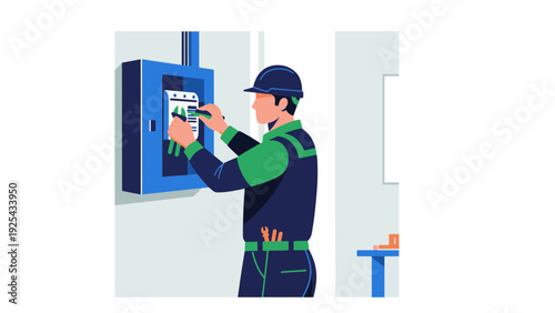 Electrician working on electrical control panel.