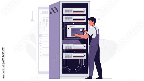 Man Maintaining Server Cabinet Equipment.