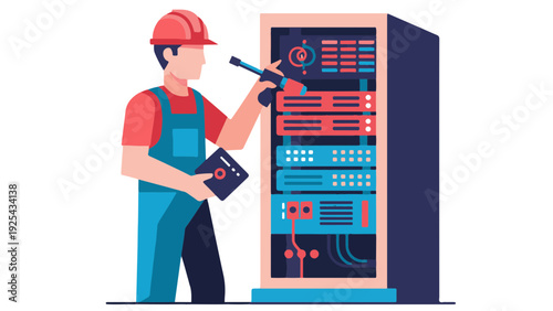 Technician Inspecting Server Cabinet with Diagnostic Tool.