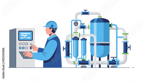 Industrial Worker Operating Water Treatment Equipment.
