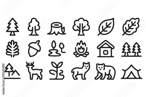 Forest and nature line icons collection isolated on transparent background featuring trees animals and camping elements