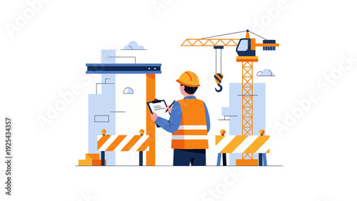 Construction Worker Inspecting Building Site.