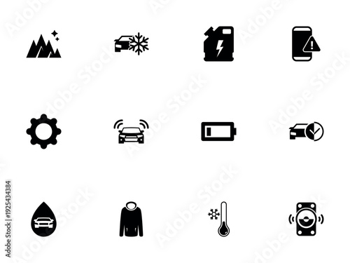 Automotive Feature and Vehicle Maintenance Icon Set in Solid Black Style