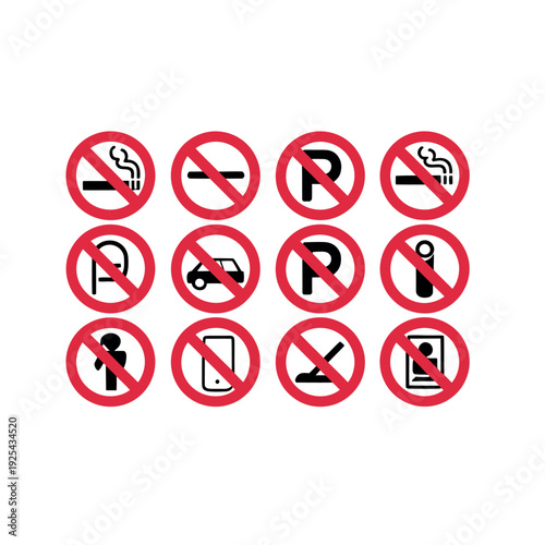 A collection of prohibition signs indicating restrictions and warnings for various activities and items.