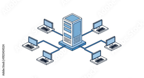 Central server connected to multiple laptops in a computer network diagram, isometric view