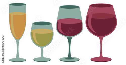 Four wine glasses filled with different colored liquids