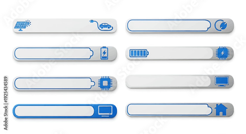 Collection of various technological progress bars with different icons and designs.