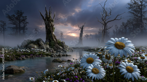 Misty river meadow with daisies in full bloom and weathered trees at sunset, evoking calm and wistful atmosphere