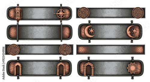 Steampunkstyle banners with intricate designs and metallic textures for creative projects.