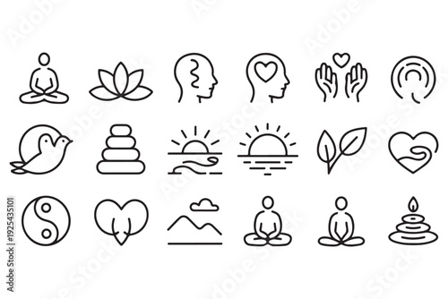 Minimalist black line icons for meditation, yoga, and wellness illustrating inner peace, mental clarity, and spiritual balance