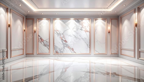 Empty White Room with Marble Walls and Floor Gold Trim Accents