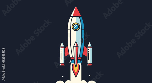 Minimalist flat design illustration of a rocket launching into space.