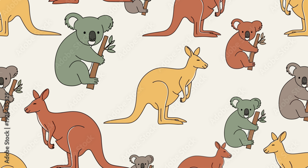 Fototapeta premium Cute Australian animals pattern with koalas and kangaroos