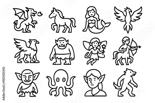 Mythical creatures outline collection: dragon, unicorn, mermaid, and more