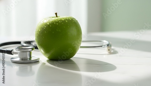 Fresh green apple fruit with water droplets and a stethoscope on a clean surface, symbolizing wellness and medical care for a World Health Day concept