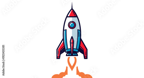 Stylized rocket launching into space with exhaust flames.