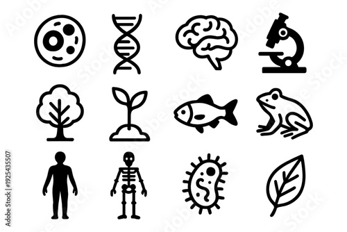 Science and nature icons: biology, botany, anatomy, and microbiology symbols