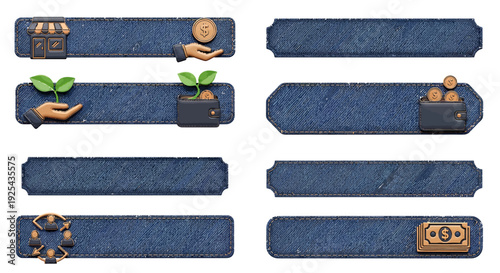 Collection of decorative blue banners with various financial and economic symbols.