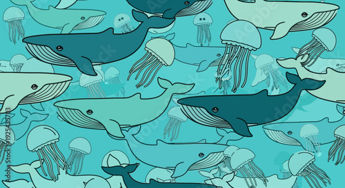 Whales and jellyfish seamless pattern in blue and teal