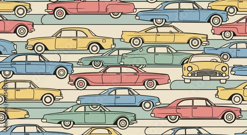 Seamless pattern of vintage cars in pastel colors.