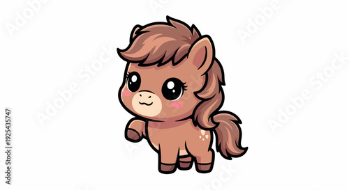 Cartoon illustration of a cute brown pony with big eyes and rosy cheeks on a white background.