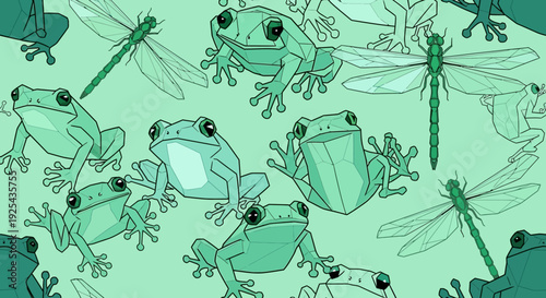 Geometric Frogs and Dragonflies Seamless Green Pattern